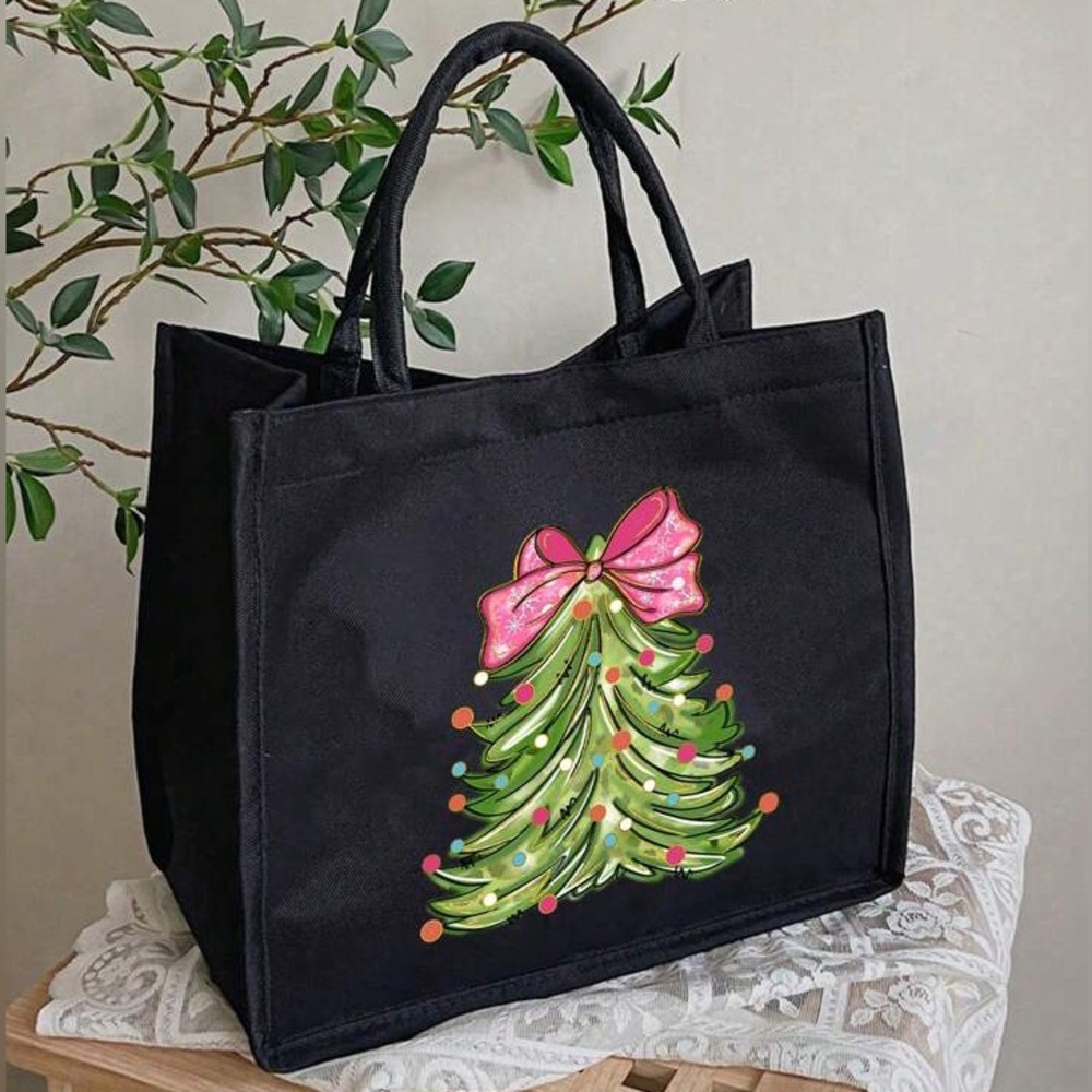 Festive Black Jute Tote Bag with Christmas Tree and Pink Bow Graphic - New!